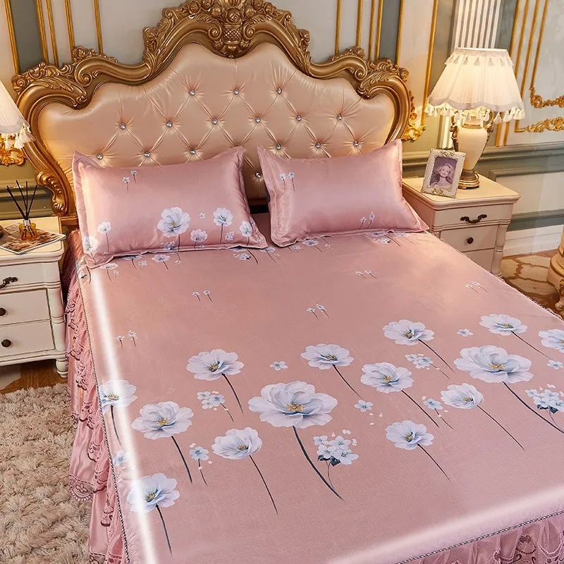 Summer Bed Skirt Ice Silk Mat Three-Piece Set Lace Machine Washable Air Conditioning Nude Sleeping Sof...