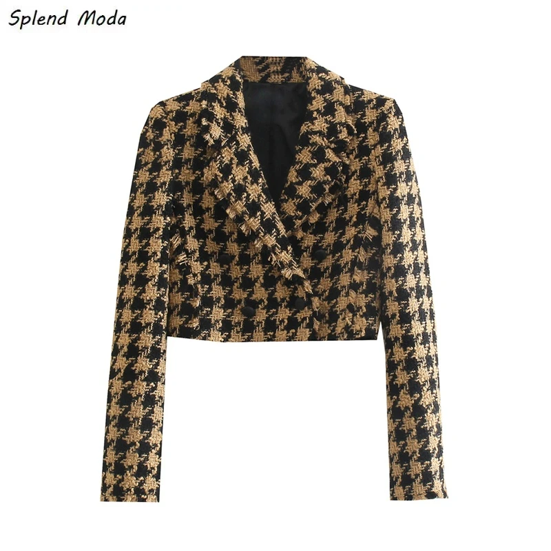 

Splend Moda French Vintage Autumn Fashion Casual Notched Collar Double-Breasted Bird Lattice Texture Long-Sleeve Blazer Women