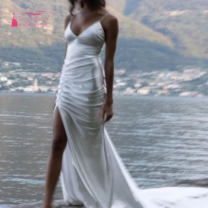 

Женское свадебное платье с юбкой годе, длинное шелковое атласное платье на тонких бретельках с разрезом спереди и открытой спиной в стиле б...
