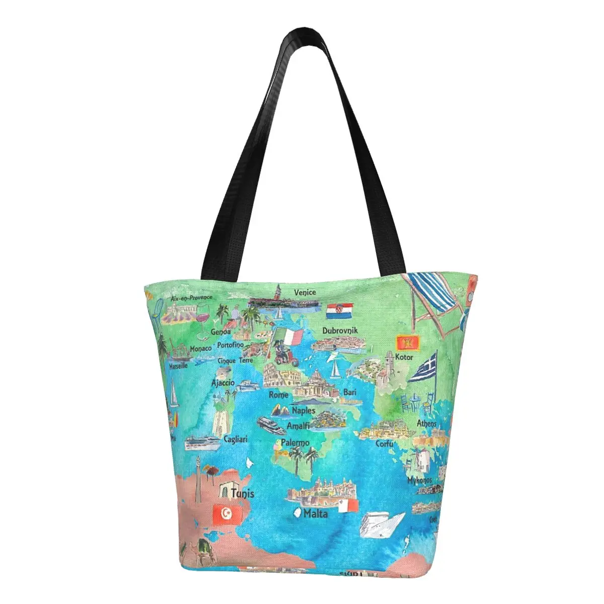 Mediterranean Cruise Travel Poster Map Spain Italy Greece Palma Ibiza Shopping Bag Aesthetic Cloth Outdoor Handbag Female