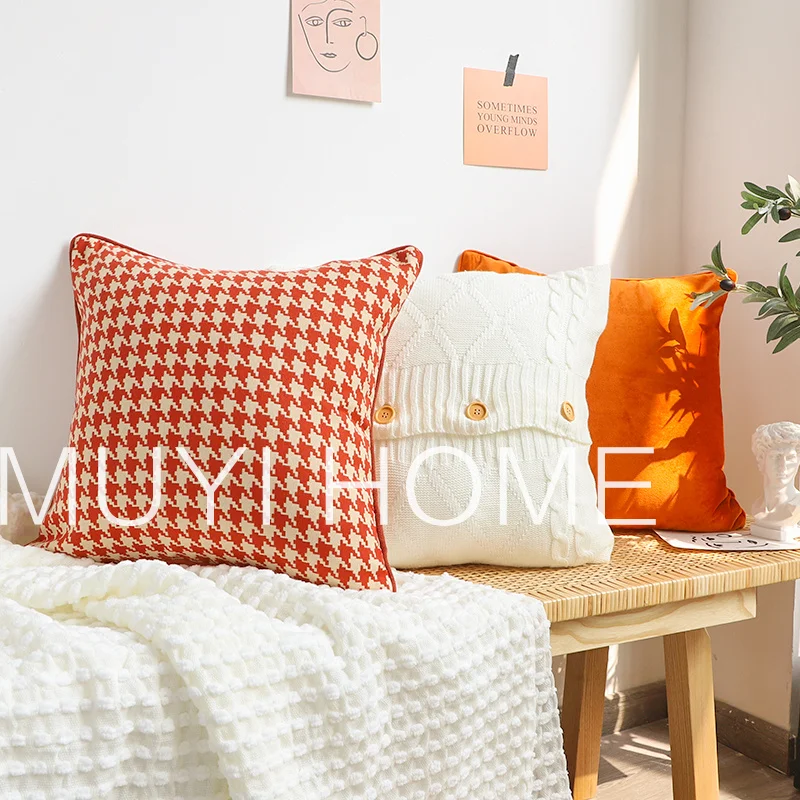 

Декоративные подушки «гусиная лапка» для дивана, пушистые клетчатые скандинавские оранжевые подушки, чехол для домашнего декора гостиной