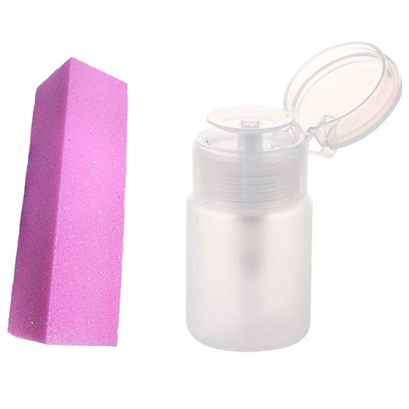 

1X 70Ml Nail Art Makeup Polish Plastic Pump Dispenser Bottle & 10 Pcs Pink Buffer Buffing Sanding Block File Manicure
