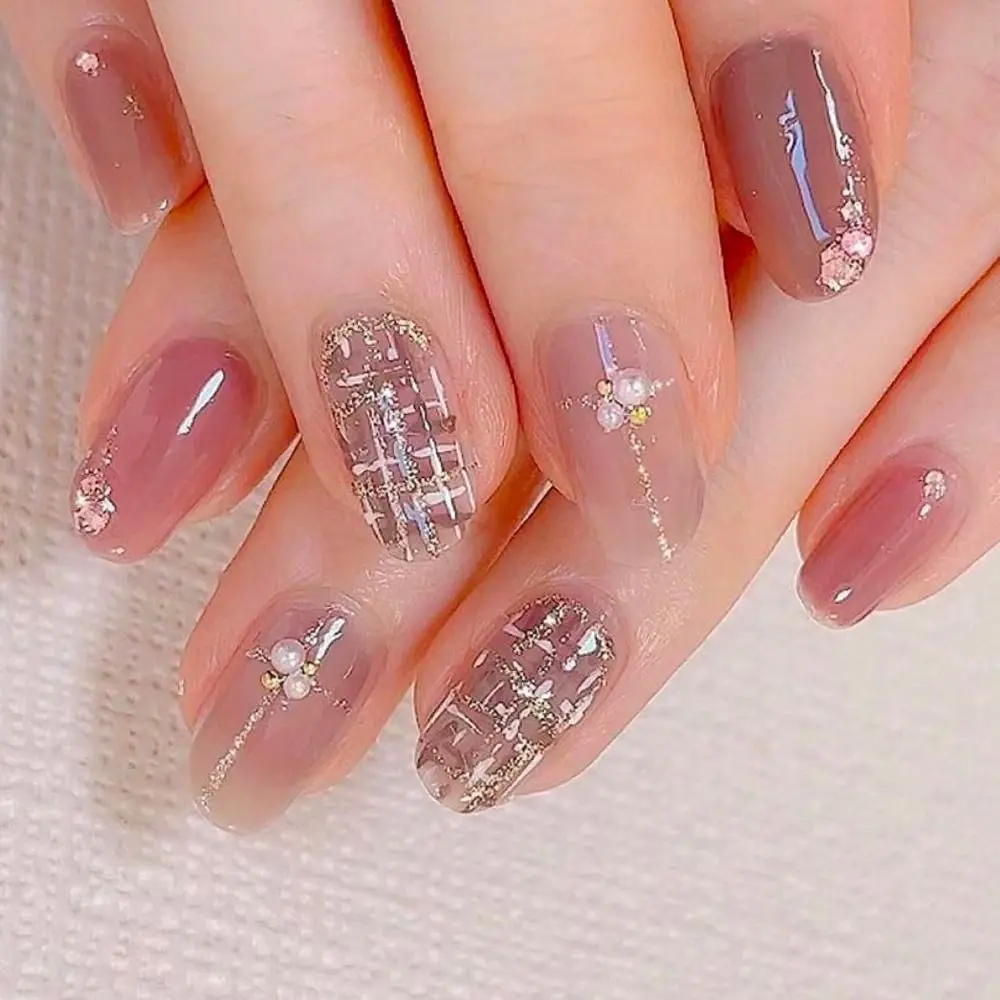 

24pcs Manicure Crystal Press on Nails Fake Nials Short Almond False Nails Pearls French