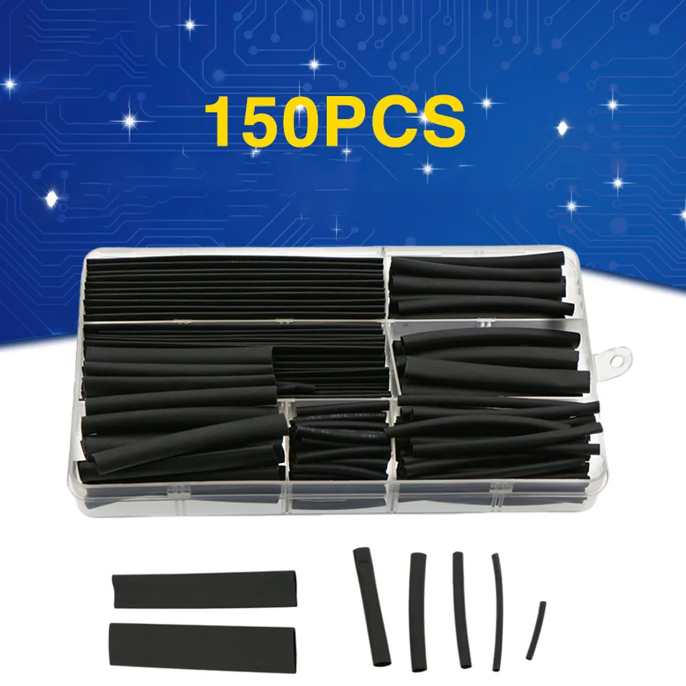 

150 Pcs Black Heat Shrink Tubing Kit HEATSHRINK Wire Cable Tubing Sleeve Polyolefin Flame Retardant Electrical Equipment Tubes