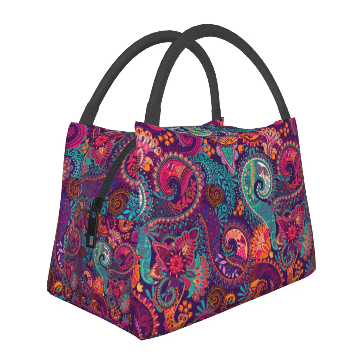 

Floral Paisley Lunch Bag Purple and Orange Portable Lunch Box Women Office Design Cooler Bag Aesthetic Oxford Thermal Lunch Bags