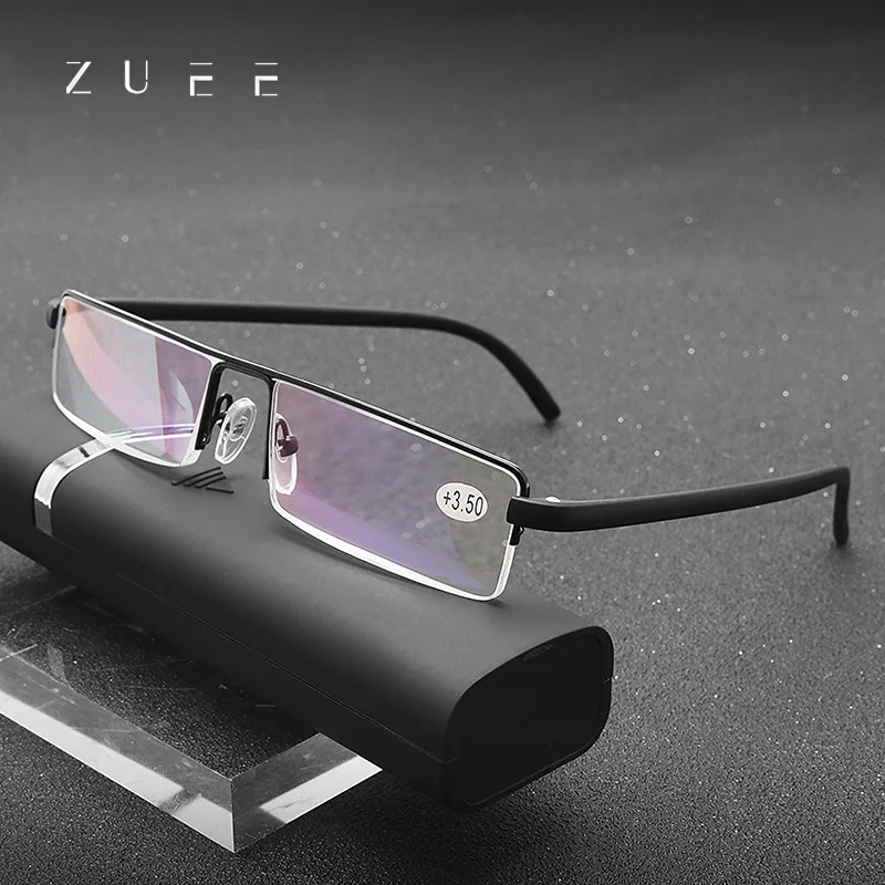 

ZUEE Reading Glasses TR90 Stainless Steel Half Frame Anti-Reflective Unisex Women Men Optical Mirror Presbyopia Eyewear Case