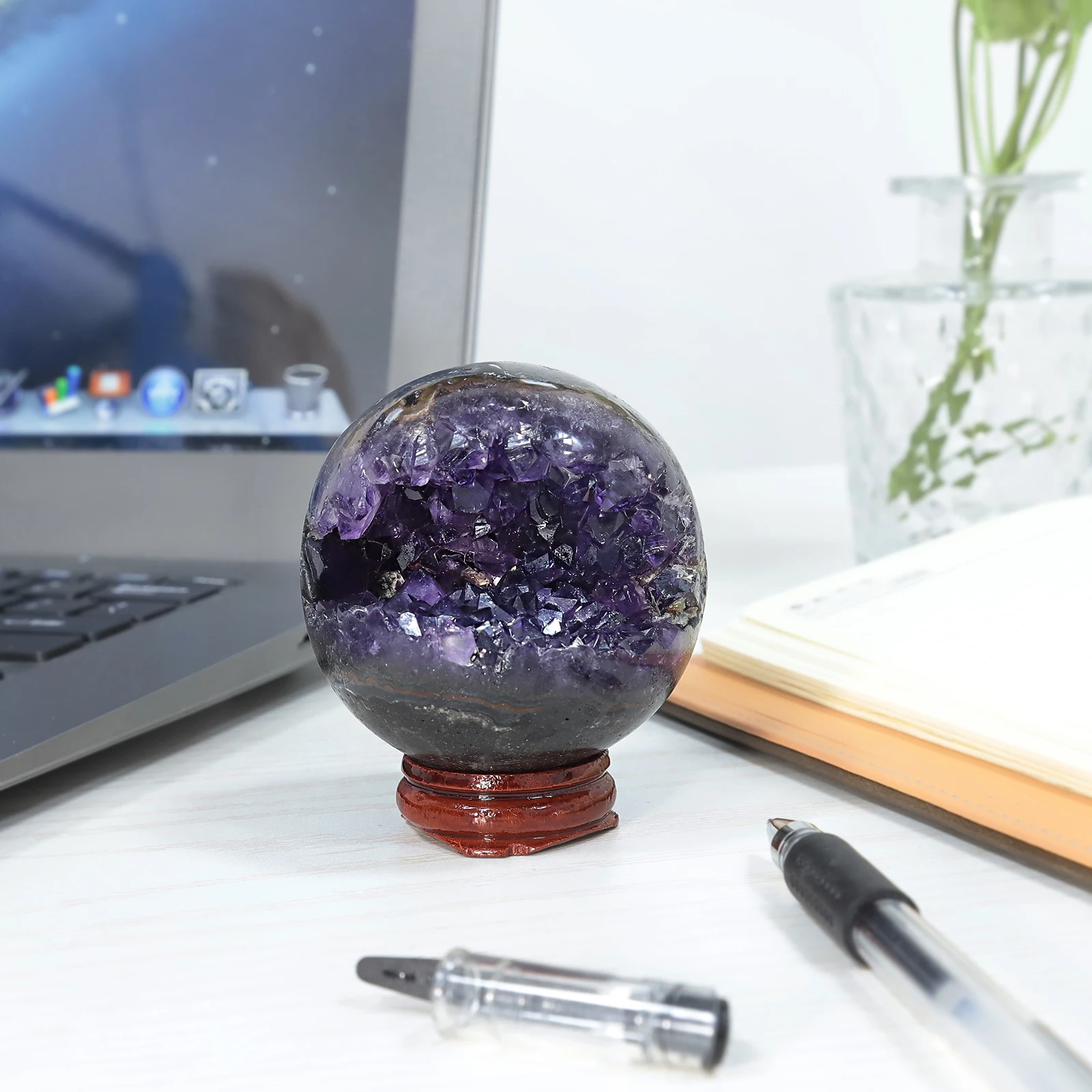 140-430g Natural Amethyst Crystal Ball With Wooden Stand Healing Gemstone Sphere Specimen For Home Decoration Divination