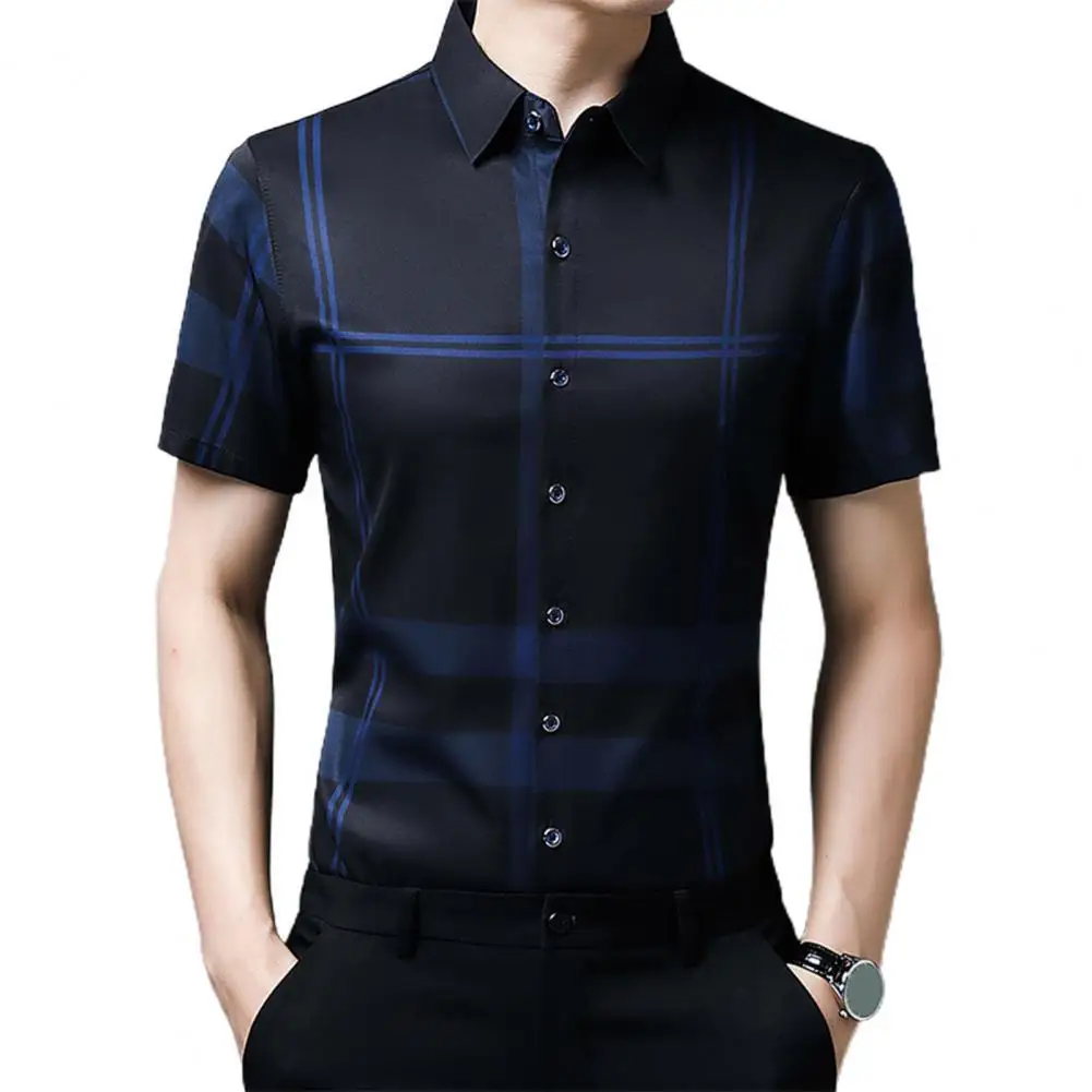 

Hot！Business Shirt Thin Straight Pattern Short Sleeve Stripe Print Lapel Men Shirt Commute Clothes