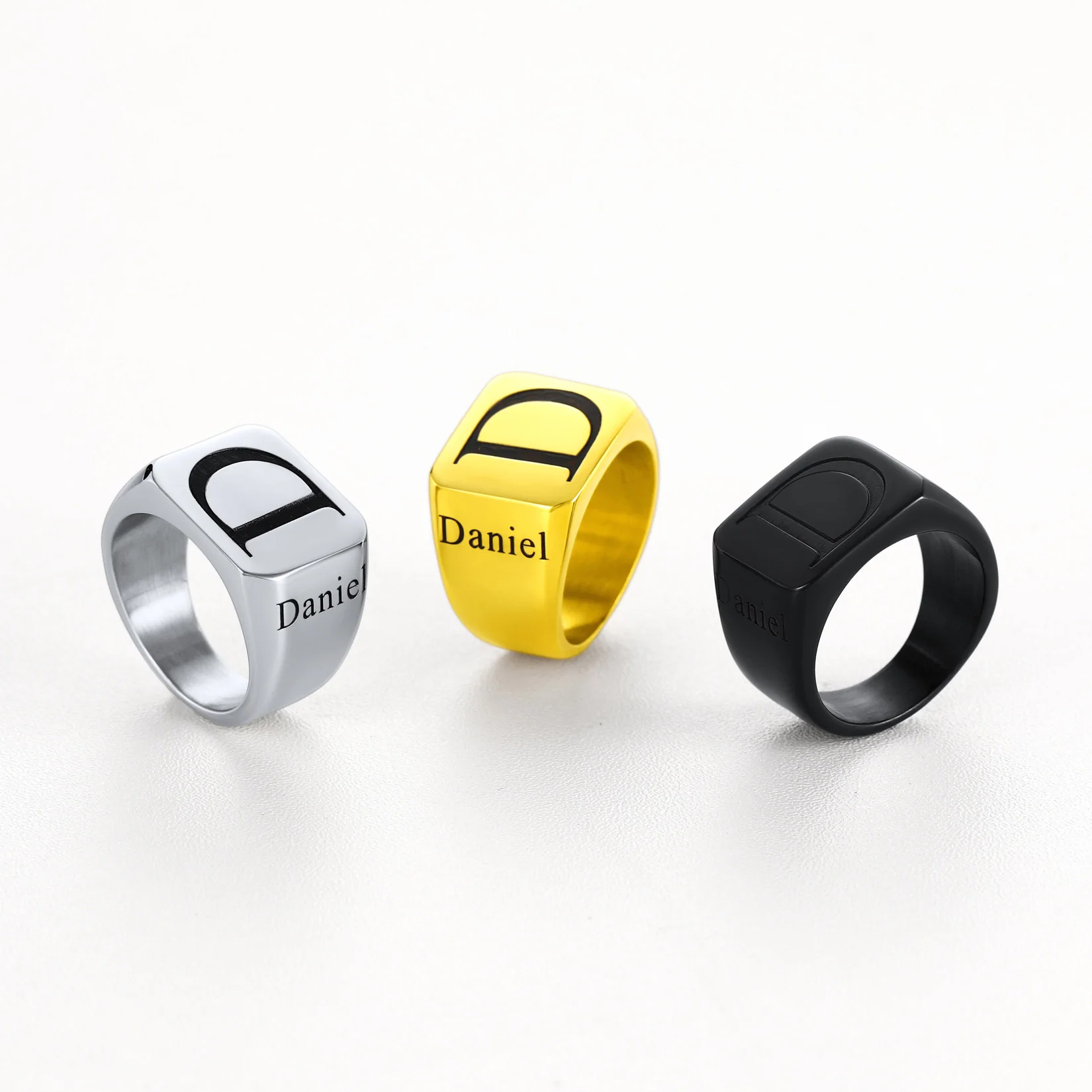 U7 Laser Engrave Upper Case Initial Letter Rings Round Hexagon Square Stainless Steel Name Signet Ring Custom Team Family Jewels