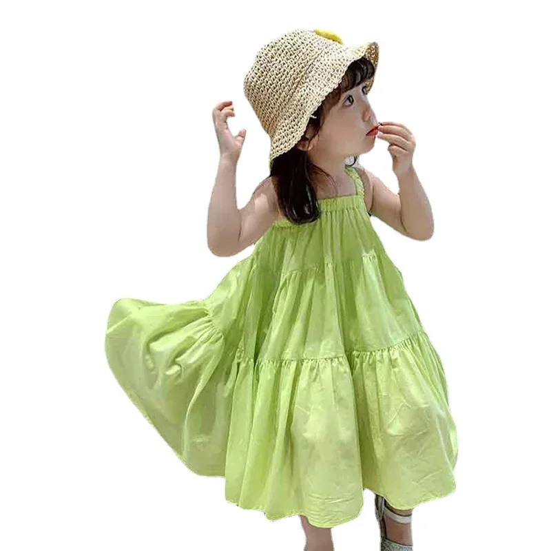 

2024 Summer New Fashion Kids Girls Solid Beach Dress Baby Cotton Casual Sleeveless Clothing Brief, #9427