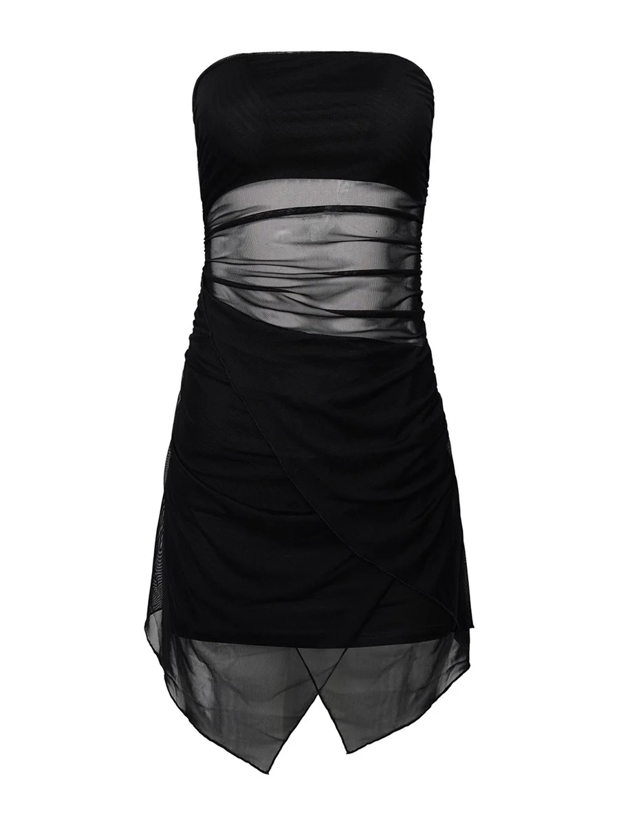 Elegant Strapless Mesh Dress for Women - Sheer Corset Cover Up with See-Through Design and Short Beach Length