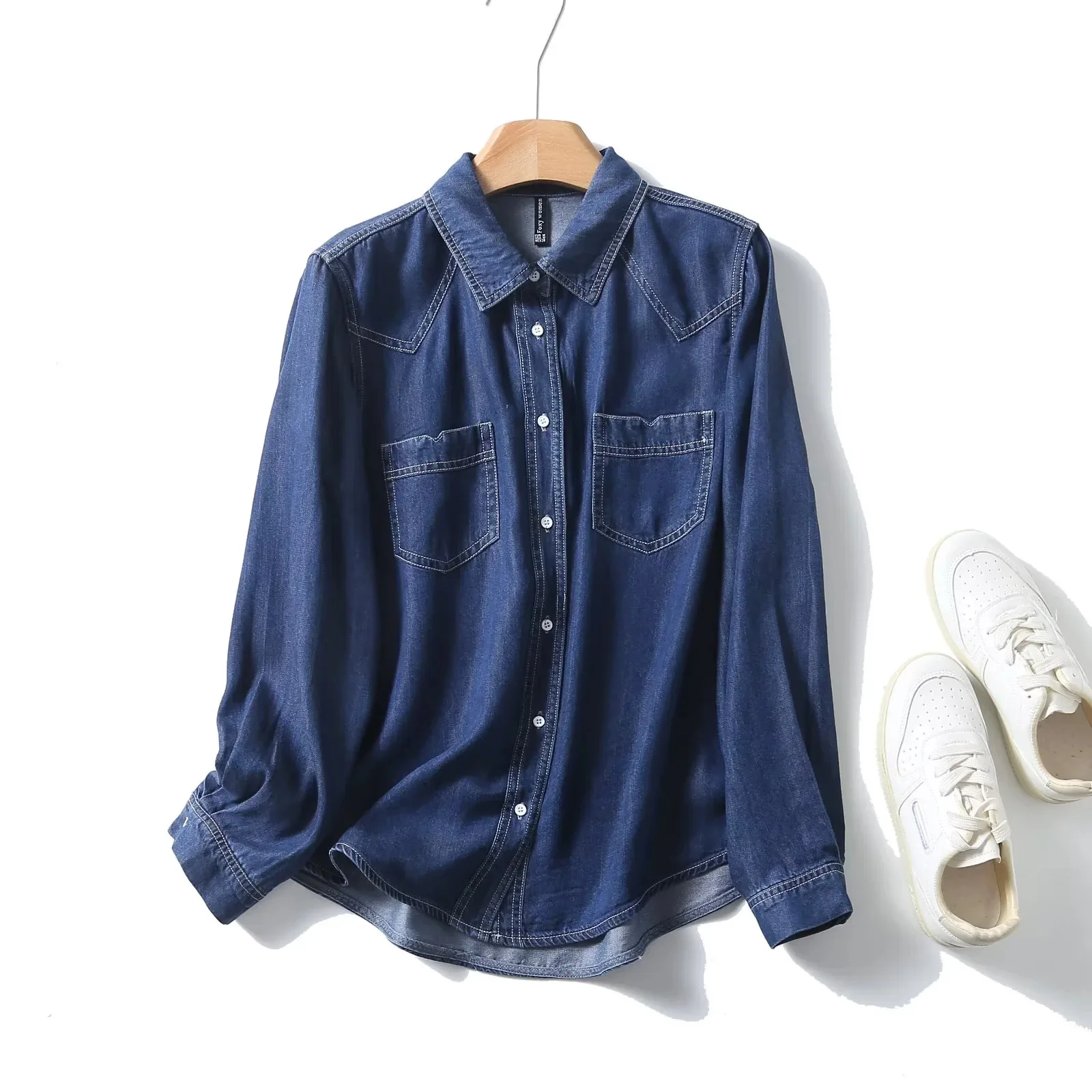 Осенняя джинсовая рубашка Lyocell женские повседневные свободные топы в стиле ретро