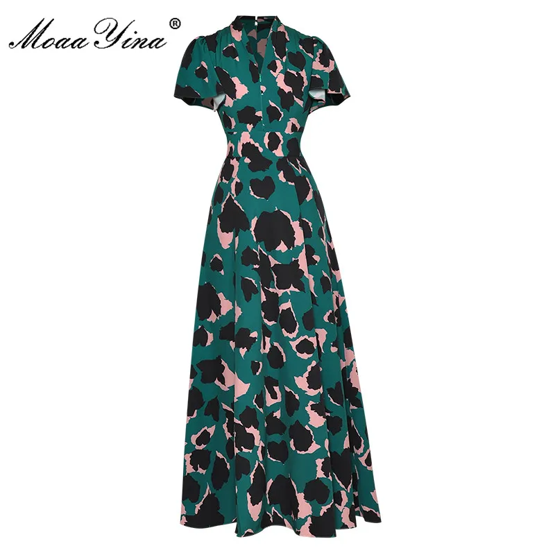 

MoaaYina Fashion Designer dress Summer Women Dress V-neck Short sleeve Green Print High waist Long Dresses