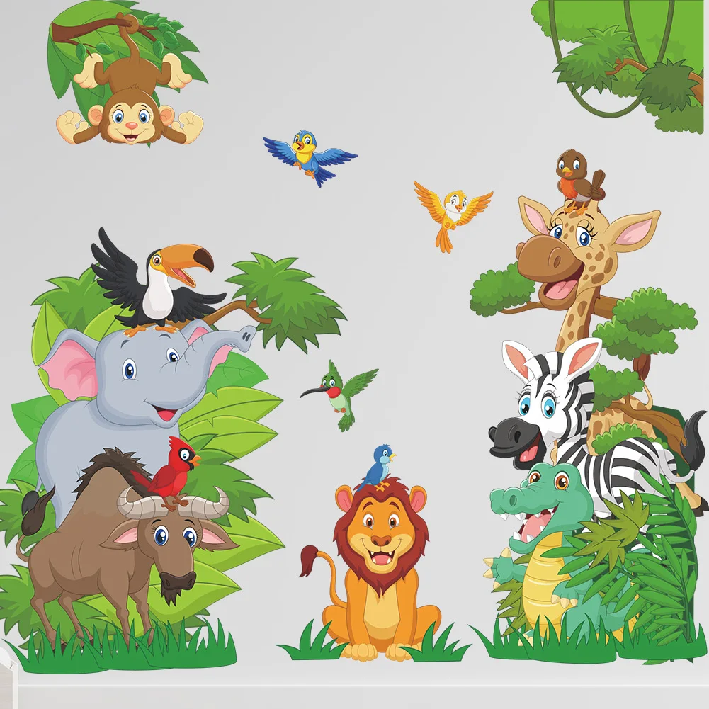 

Cartoon Forest Animals Wall Stickers for Kids Rooms Boys Baby Room Decoration Jungle Elephant Lion Giraffe Wallpaper Nursery