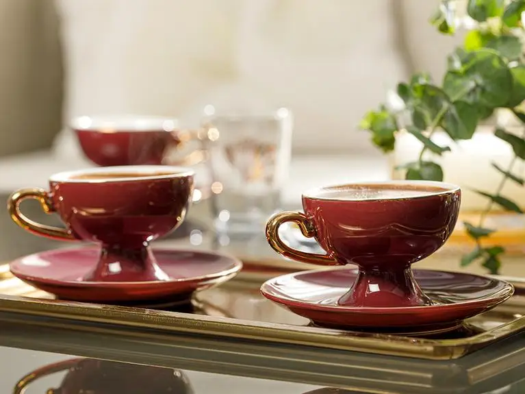 

LaModaHome Espresso Coffee Cups with Saucers Suza Porcelain Set of 6 Coffee Cup 80 ml Burgundy Turkish Arabic Greek Coffee cup
