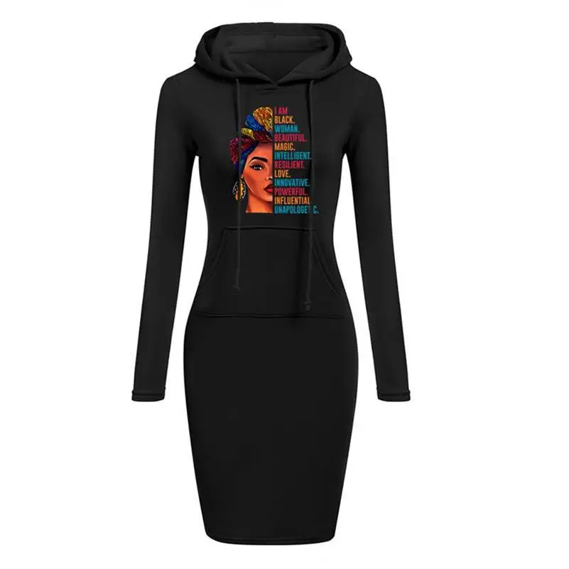 Женское длинное платье-толстовка с капюшоном и надписью |