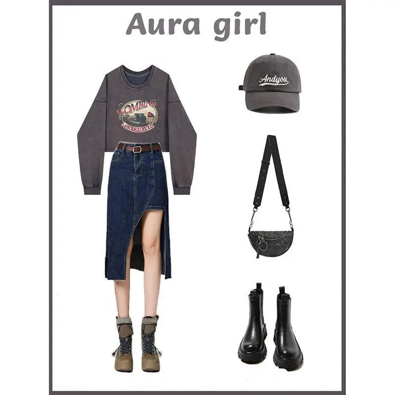 Shpmishal модная новая Короткая Толстовка с принтом Топ 2024 Женская Осенняя джинсовая