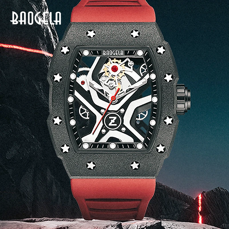 BAOGELA Fashion Luxury Top Brand Sport Quartz Watches Waterproof Steel Wristwatches Relogio Masculino Red Silicone Strap 4143