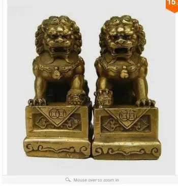 

collecting OLD copper Elaborate Old crafts Brass A Pair of China Folk Fengshui Foo Fu Dog Guardion Door Lion Statue sculpture