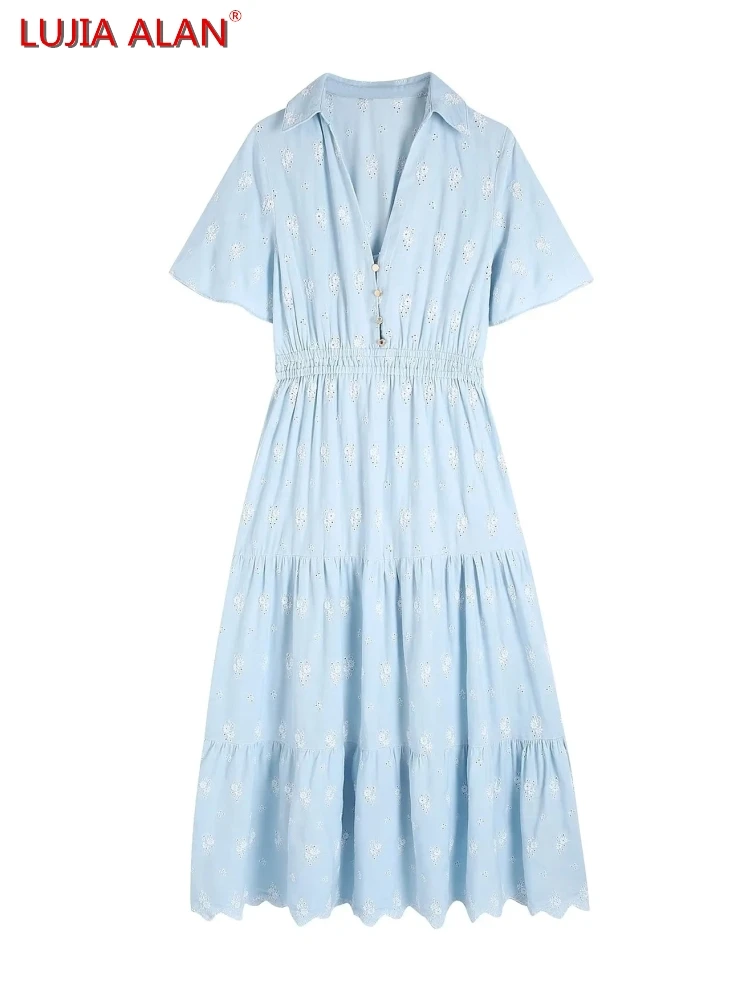

Women Flower Embroidery Tiered Ruffle Shirt Dress Hot Sale Female Short Sleeve Midi Streetwear Vestidos LUJIA ALAN WD787