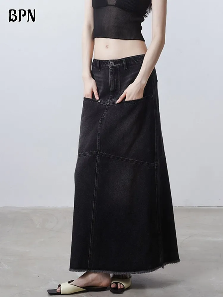 

BPN Minimalist Patchwork Pockets Denim Skirts For Women High Waist Soild Casual loose A Line Bodycon Skirts Female Fashion Style