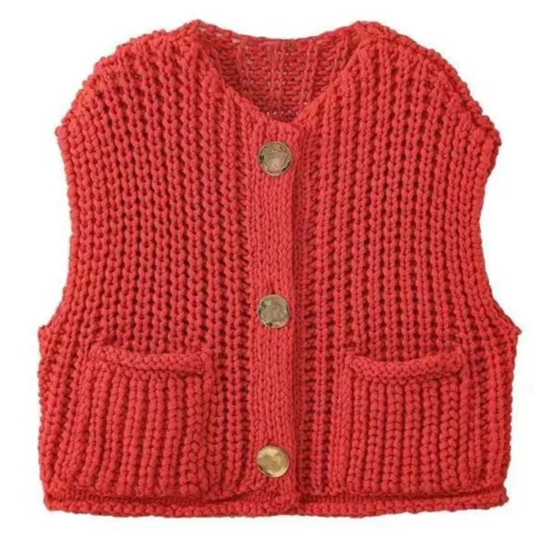 Женский однотонный трикотажный жилет без рукавов с круглым вырезом и карманами