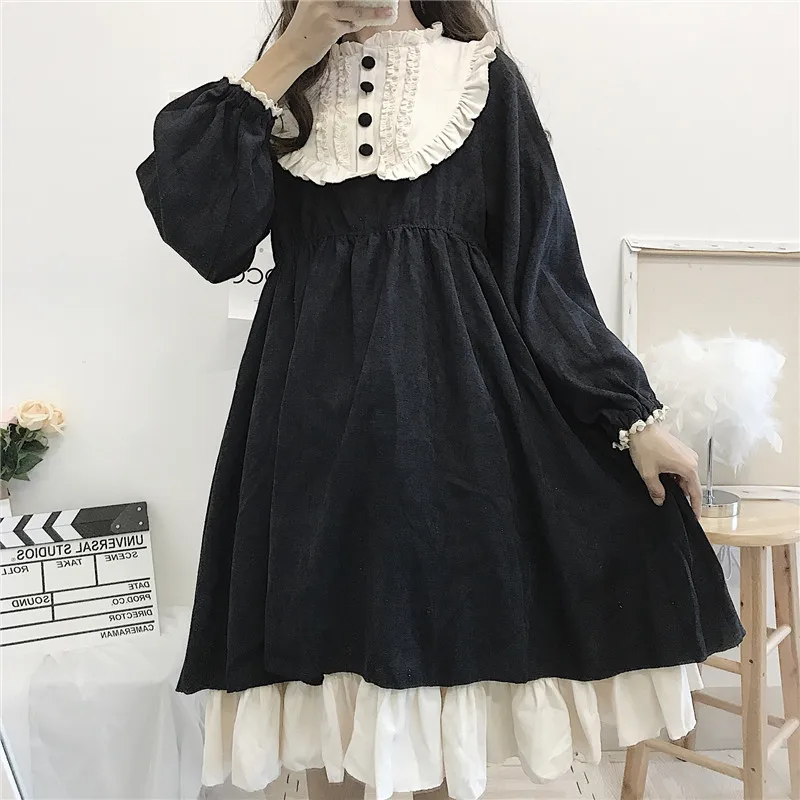 

Japanese Gothic Lolita Style Balck Women Dress 2020 Autumn Kawaii Puff Sleeve Loose Vintage Ruffles Cos Ladies Dresses Vestidos