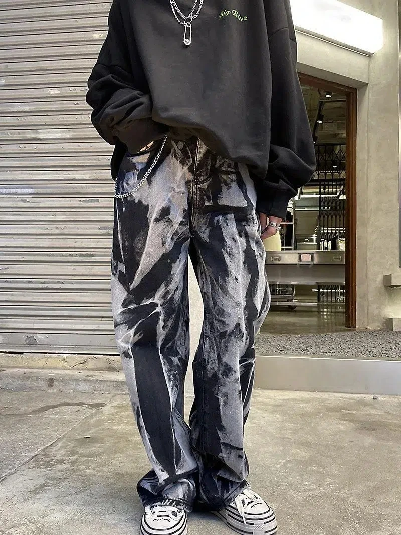 Vintage Pants Trendy Tie Dye Gradient Straight Y2k Baggy Jeans Men American High Street Loose Drape Wide-Leg Pants Man