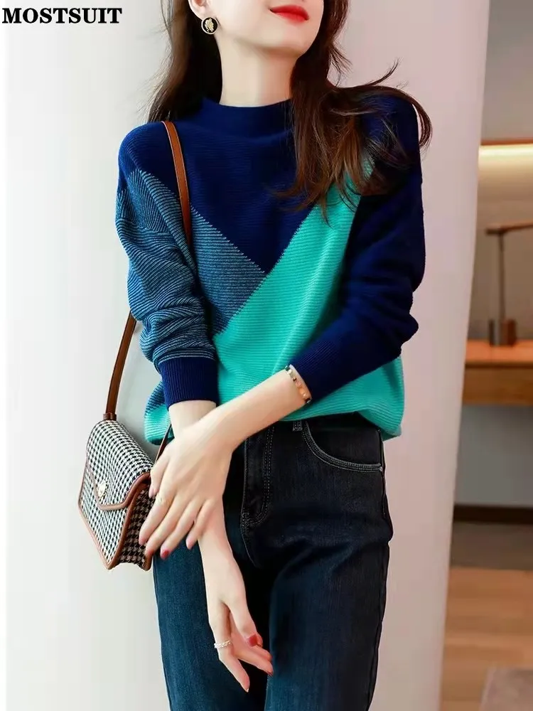 

Color-blocked Knitted Sweater Women Autumn Winter Workwear Fashion Loose Pullover Tops Long Sleeve O-neck Vintage Knitwear Jumpe
