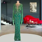 Женское вечернее платье с V-образным вырезом, длинным рукавом и бусинами