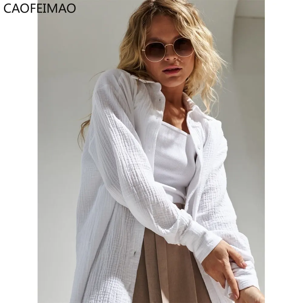 

2023 Women's Spring Summer 100% Cotton Shirts Office Lady Casual Oversized Crepe Shirts White Long Sleeve Loose Blouse