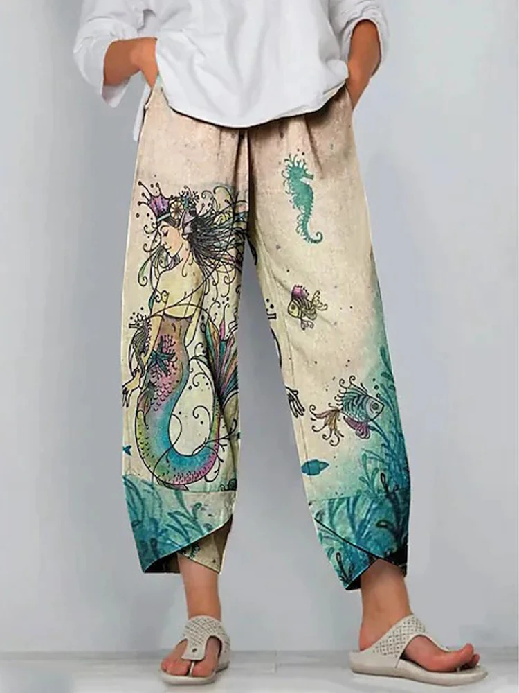 Casual Cotton Wide Leg Pants Women Loose Comfort Elastic Waist Harem Pants Korean Style Print Summer Cropped Pants Trousers
