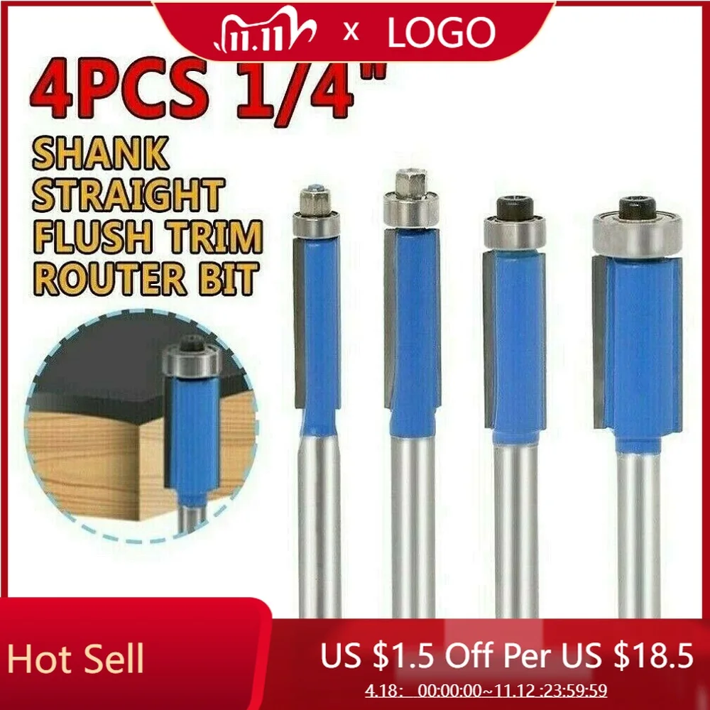 4pcs 1/4'' Cutting Flush Trim Bit Set Woodworking Plastics Garden Power Tool Parts