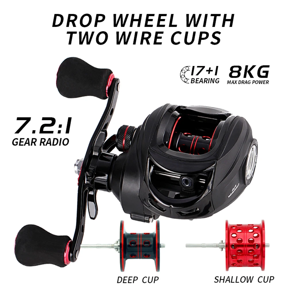 New Fishing Baitcasting Reel 8KG Max Drag 17+1BB 7.2:1 Gear Ratio Magnetic Braking System Metal Line Cup Carp Wheel