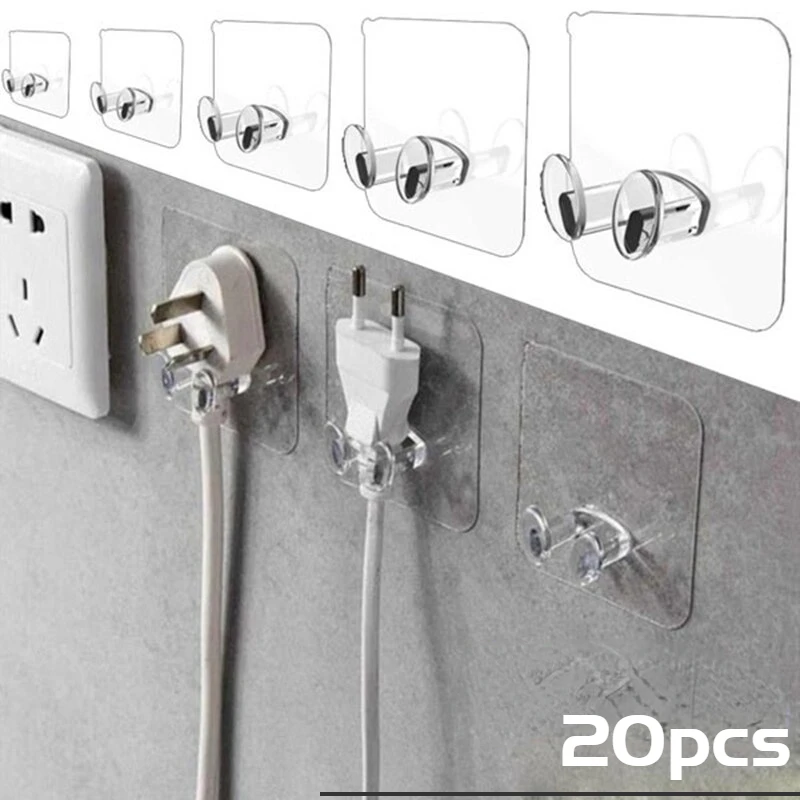 

20PCS Power Plug Bracket Storage Tidy Hanging Rack PVC Wall Hook Strong Adhesion Seamless Transparent Waterproof Kitchen Bathroo