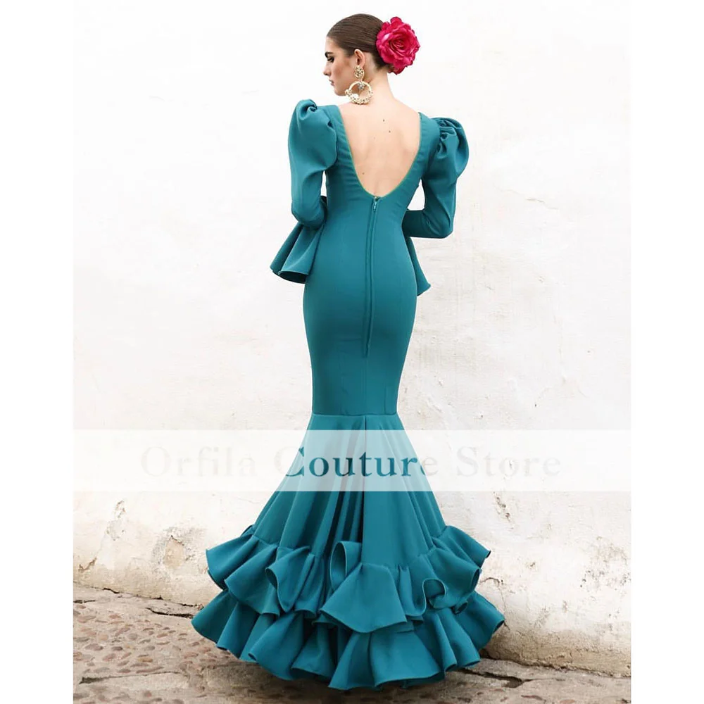 Женское вечернее платье с длинным рукавом синее танцевальное оборками испанское