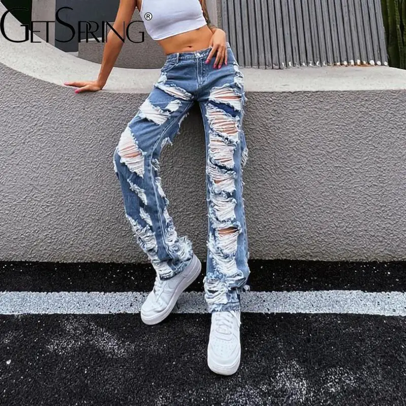 

GetSpring Women Denim Pant Hole Ripped Jeans For Women Fashion Loose Long Jeans High Waist Blue Straight Denim Trousers 2022 New