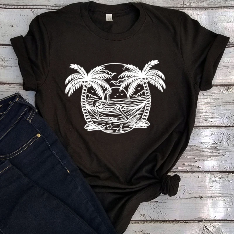 

Beach Skeleton Vintage Clothes Dead Skull Tshirt Summer Beach Life T-shirts for Women Surfing Tee Island Life Tops M