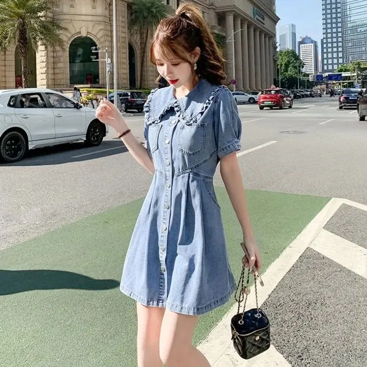 

Denim Dress Women Summer New Casual Short Sleeve Peter Pan Collar Jean Dress Sweet High Waist Single-breasted Vestidos M183