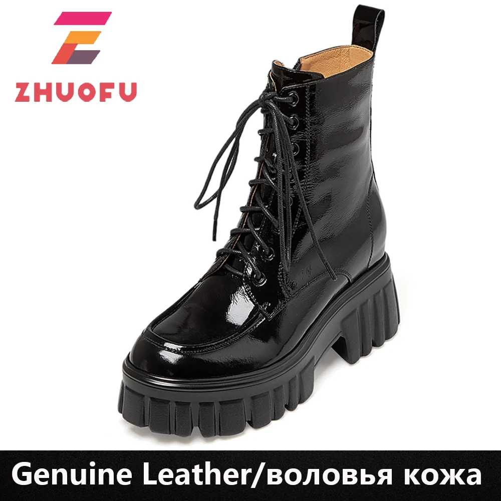 

ZHUOFU 2023 New Fashion Marton Boots Height Genuine Leather Autumn Winter Women's Ankle Boots Platform Shoes Black Dress Party
