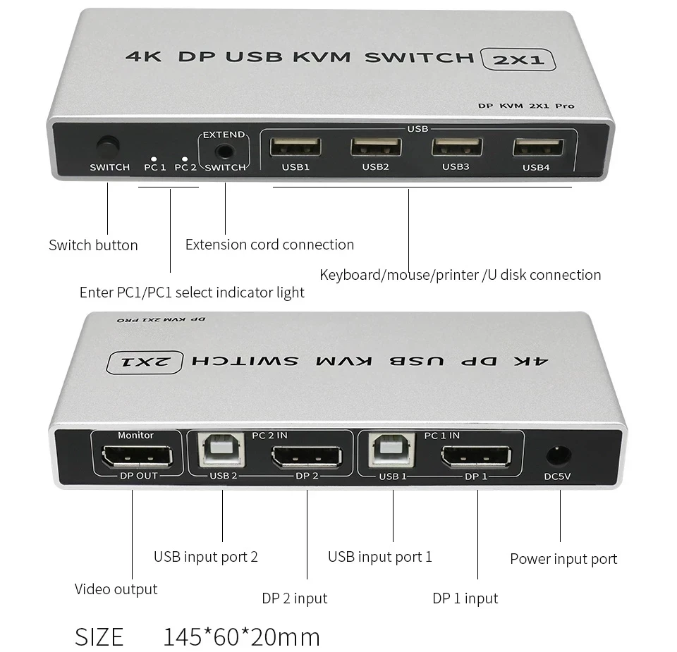 KVM-консоль 2 в 1 с двумя портами 8K @ 60 Гц USB-консоль переключатель портов дисплея KVM DP