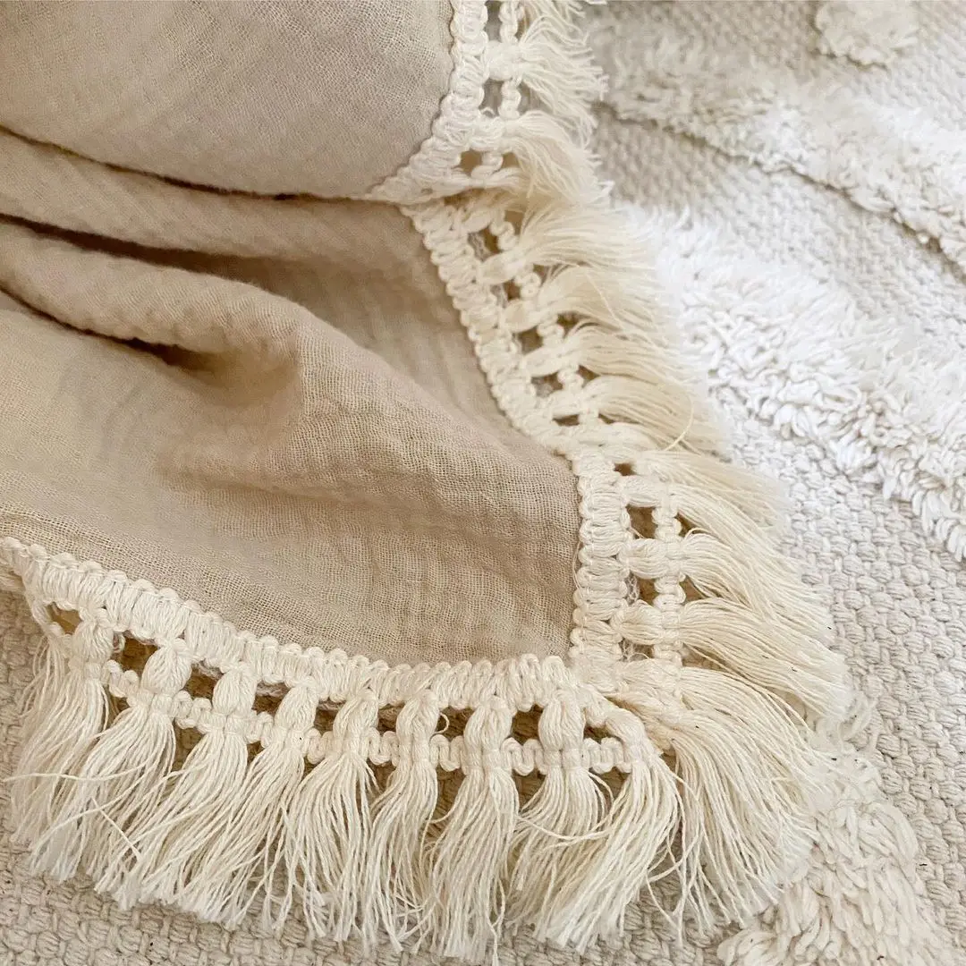 Cotton Muslin Swaddle Blanket Baby Tassel Receiving New Born Wrap Infant Sleeping Quilt Bed Cover |
