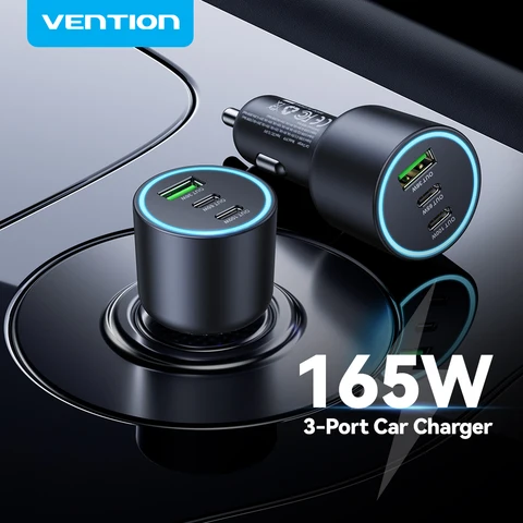 Автомобильное зарядное устройство Vention 165 Вт USB C, 3 порта PD QC 4,0 45 Вт для Samsung S25 iPhone 17 16 Macbook 100 Вт, адаптер для быстрой зарядки со светодиодом