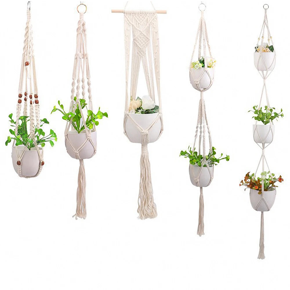 

Hand Woven Flower Pot Basket Nordic Style Bohemian Cotton Rope Wall Hanging Plant Net Holder Decoration Home Garden Decor