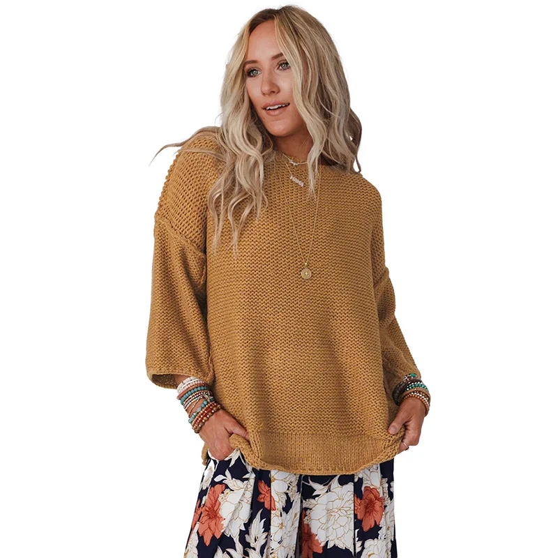 

Loose drop shoulder texture pullover sweater women autumn winter crew neck sweaters