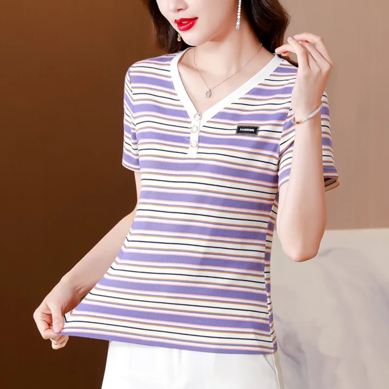 

#1493 Summer Striped T Shirt Women Knitted Cotton V-neck Buttons Tight Vintage Stretch Womens Tshirt Short Sleeve Korean Style