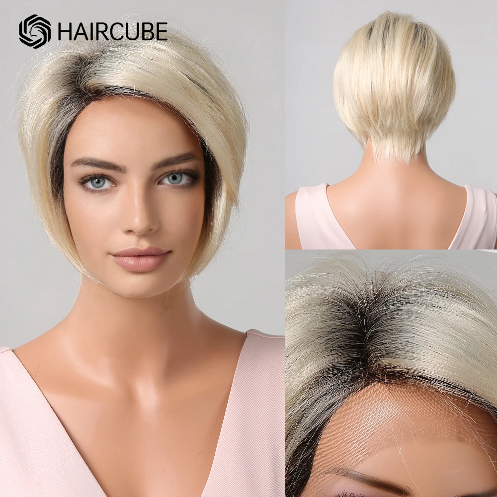 Short Human Hair Wigs Pixie Cut Wig Natural Hairline Lace Front Human Hair Wigs for Women Platinum Blonde Wig with Dark Roots