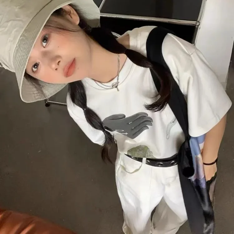 

Summer E-Girl Mid-length Cotton T-shirt Harajuku Vintage O-neck Print Tee Shirt Y2k Grunge Loose Short Sleeve Tops Women