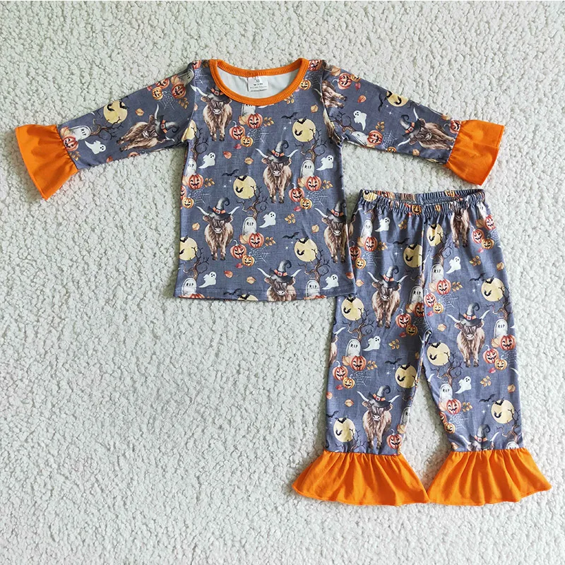 

Boutique children's halloween clothes highland cow pumpkin girls pajamas set baby girl sleepwear set wholesale