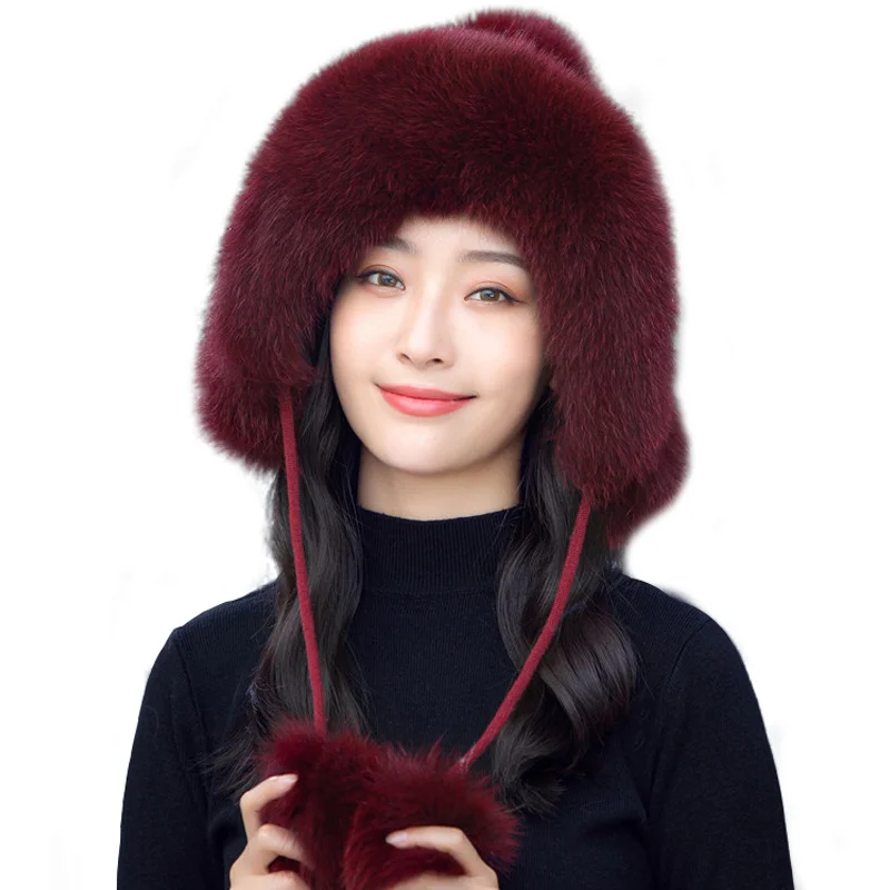 Fox Fur Hat Women Winter Luxury Knitted Real Mink Fur Bomber Hat Natural Warm Fox Fur Cap Girls Soft 100% Genuine Mink Fur Hat